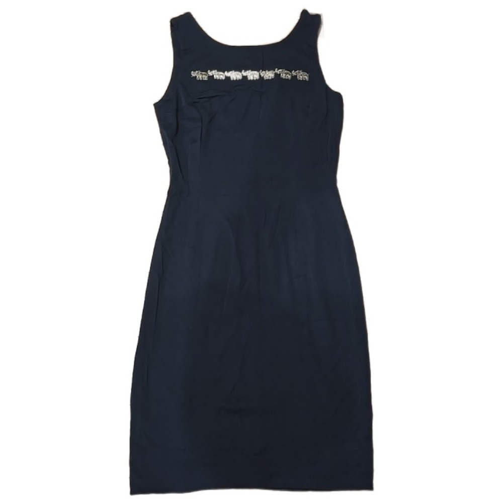 VTG Escada Margaretha Ley Vintage Navy Blue Elephant Embroidered Sheath Dress 38